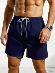 ZELFYO Men Solid Drawstring Waist Swim Trunks - Navy Blue - View 6