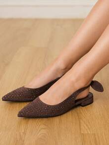 CUCCOO HITCHD 欧美新款时尚棕色水钻绒面尖头平底女鞋，后系带蝴蝶结套脚鞋，百搭舒适，优雅时尚，超大号精美凉鞋 - 咖啡 - 查看 6