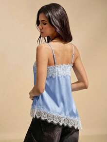 Easelle Áo hai dây nữ kiểu vintage màu xanh dương phối ren, vạt áo bất đối xứng, thời trang, thanh lịch, thích hợp cho các bữa tiệc mùa hè. - Màu xanh lam - Xem 2