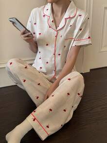 Napfluff Conjunto de pijama de manga corta con estampado de cuadros rojos y arrugados tipo burbuja - Beis - Ver 4