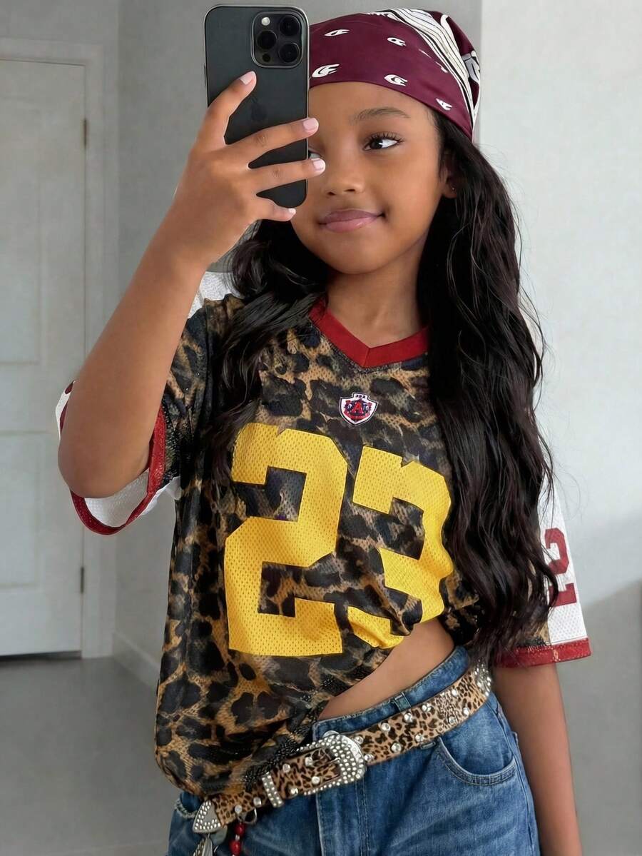 SHEIN 少女豹纹数字拼接V领运动衫，街头服饰 - 彩色 - 查看 1