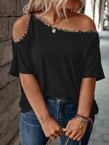 EMERY ROSE Plus Size Cold-Shoulder T-Shirt With Vintage Black & Leopard Print Patchwork Design, Casual & Fashionable - Multicolor - View 6