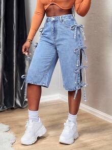 Slaydiva Women's Casual Washed Side Slit Tie-Up Denim Jeans - Light Wash - View 3