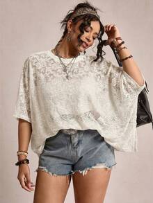 Freevana 大码薄纱蕾丝休闲T恤 - 米色 - 查看 6