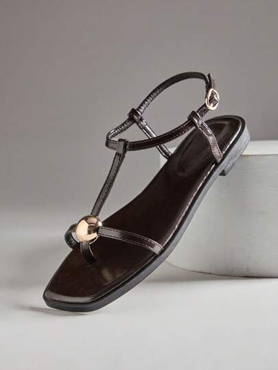 SHUZIA Women's Minimalist Comfortable Gold Metal Decor Ankle Strap Thong Flat Sandals