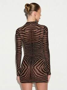 KIZN Zebra Print Long Sleeve Mock Neck Mini Bodycon Dress Sheer Mesh Animal Print Party Club - Chocolate Brown - View 3