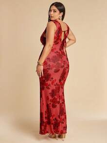 SHEIN BAE Plus Size Women's Elegant Red Floral Print Satin Dress,Autumn V-Neck Lace Patchwork Bodycon Maxi Dress,Sleeveless Party Special Occasion Long Dress - Multicolor - View 2