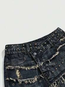 ROMWE J-Fashion 女士 Y2K 复古亚文化做旧铆钉珍珠装饰破洞紧身牛仔迷你裙 - 藍色 - 查看 3