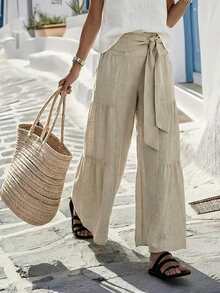 Louniche Women's Casual Waist Tie Design Print Contrast Color Wide Leg Pants, Versatile For Outdoor And Indoor Wear, Spring/Summer - Khaki - View 6