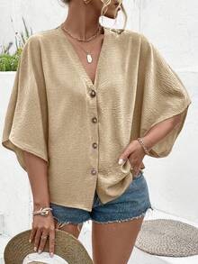 Ceyna Plus Size Women's Elegant Solid Color Jacquard V-Neck Raglan Sleeve Button Decor Beach Resort 2025 Spring/Summer New Versatile Blouse - Khaki - View 5