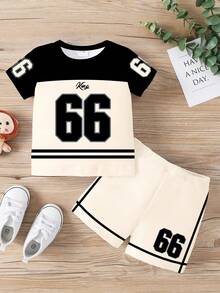 2pcs/Set Young Boys Casual Sports 66 Graphic Print Top And Numeric Print Shorts, Colorblock T-Shirt Outfit, Summer - Multicolor - View 3