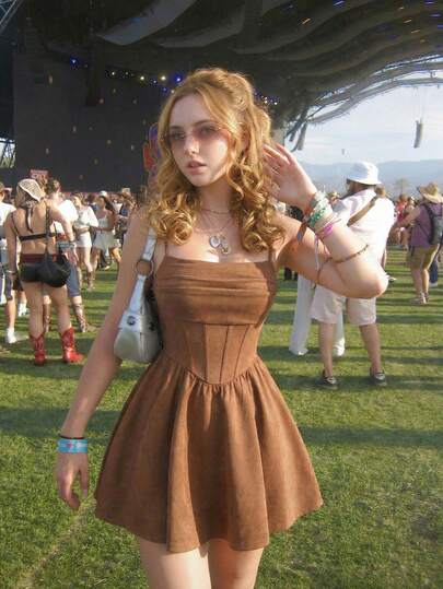 SHEIN MOD Pleated Brown Suede Cami Summer Dress, Music Festival,Summer Dress,Spring Dress,Casual Dresses, Holiday Outfits,Vacation Outfits,Brown Dress Bustier Dress Brown Short Dress Coffee Brown Dress Waist Cinching Dress