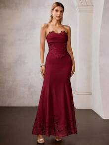 MOTF Soiréza WOMEN'S OCCASION WEAR MERMAID HEM LACE PATCHWORK LONG DRESS - Burgundy - View 4