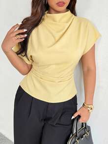 Firerie Plus Size Light Yellow Summer Smart Casual Office Women Shirt,Elegant Ruched Collar Asymmetrical Sleeve Side Ruched Waist Bamboo Fiber Fabric - Yellow - View 6
