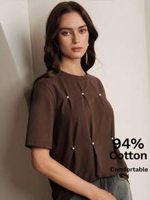 Anewsta Spring/Summer Loose Fit Round Neck Short Sleeve T-Shirt, 94% Cotton, Handmade Pearl Decor - Coffee Brown - View 6