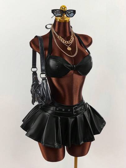 Amplova Bộ 2 món phong cách Punk Bohemian Sexy Rock Y2K: Áo không tay bằng da PU với dây đeo có khoen và chân váy xếp ly cạp siêu trễ có khoen, có lớp lót.