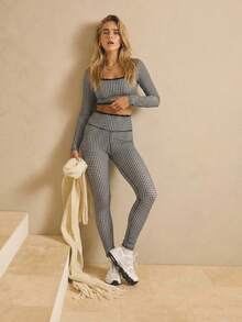 Aralina Leisurewear Lace Trim Long Sleeve Crop And Legging Active Gym Workout Two Pieces Women Set - Black and White - View 8