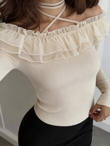 FRIFUL Women's Solid Color Drawstring Neck Off-Shoulder Splice Pleated Mesh Sweet Fitted T-Shirt, Suitable For Spring - Black - View 9