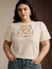 Anewsta Plus Size Women's White T-Shirt, Elegant Curve Summer Party Date Night Resort Embroidered Rose Short Puff Sleeve T-Shirt, Daily Wear, Vacation - Apricot - View 5