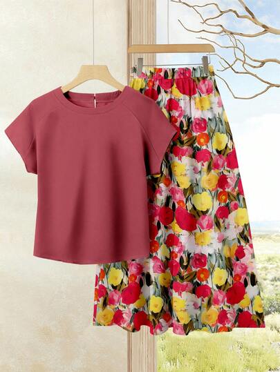 EMERY ROSE 2pcs Women's Vacation Casual Solid Color Top + Printed Skirt Set, Women's Summer Outfit, Summer Skirt Set, Skirt Top Set, Women's Skirt Top Set, Printed Skirt Set