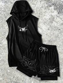 Sport MetroGents 男士极简印花连帽衫和短裤套装 - 黑色 - 查看 1