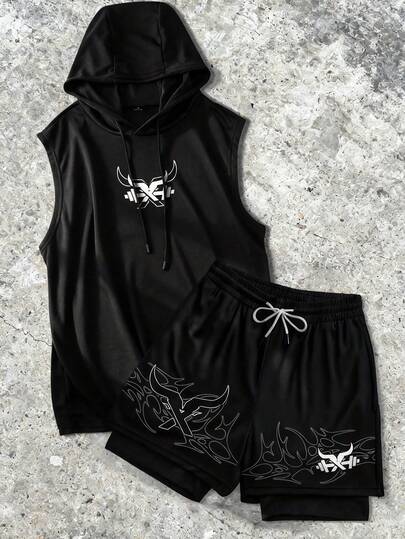 Sport MetroGents 男士极简印花连帽衫和短裤套装