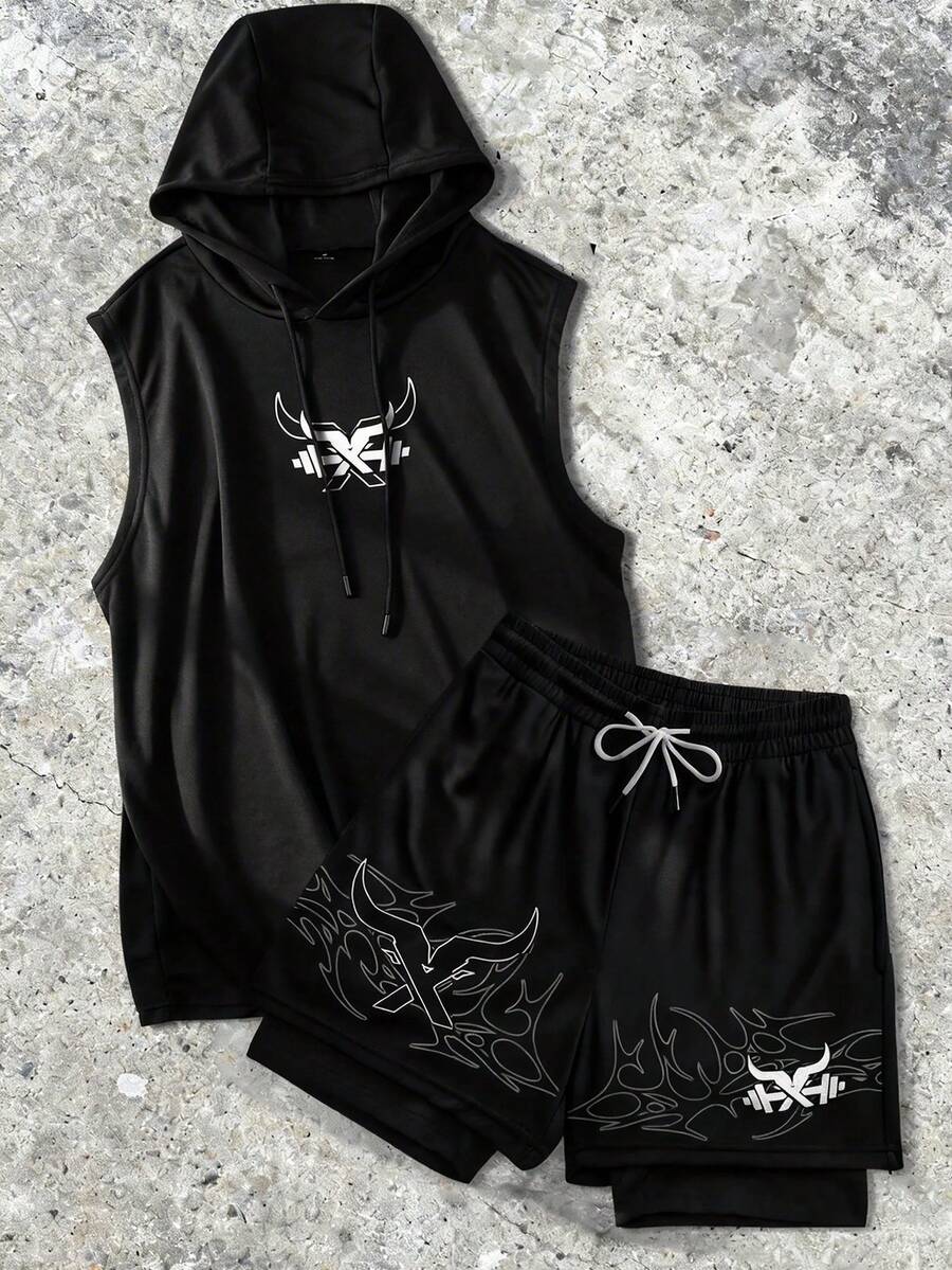 Sport MetroGents 男士极简印花连帽衫和短裤套装 - 黑色 - 查看 1