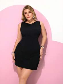 Hourglow Đầm thời trang không tay cổ tròn màu trơn dành cho nữ cỡ lớn, phù hợp với dáng người đồng hồ cát, trang phục ngày Valentine, mùa hè. - màu đen - Xem 5