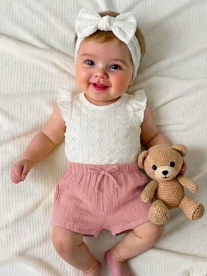 1-Piece Newborn Summer Cute White Top And Shorts Set With Elastic Waist