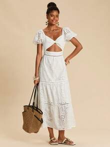 Travachic Women's Embroidered Twist Ruched Long Dress, Fashionable For Party And Occasions,White Dress,Elegant Dresses For Women,Embroidered Dress,Summer Outfits For Women,Summer Dresses For Women Tea Party Outfit Women 2 Piece Ladies Two Piece Outfits Brunch Outfits For Women 2 Piece - White - View 5