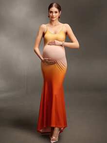 Cheriluna Maternity 露背浪漫约会派对吊带修身深V领垂褶长款网纱孕妇连衣裙，夏季连衣裙，下午茶派对连衣裙 - 彩色 - 查看 4