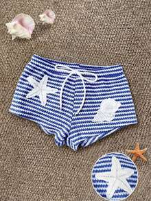 Everyssa Quần short nữ thời trang thường ngày, chất liệu họa tiết sao biển và vỏ sò, đính cườm, cạp chun, dây rút, dáng ôm sát, siêu ngắn, thích hợp mặc hàng ngày và đi nghỉ mát. - Xanh và trắng - Xem 1