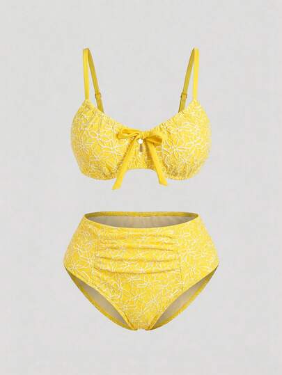 Sweetra CURVE Plus Size Women 2 Pieces Yellow Bikini Swimsuit Set, Sweet & Cute, Yellow Textured Fabric With Steel Support, Tie-Up Design, Suitable For Beach Holiday For Summer Beach Vacation