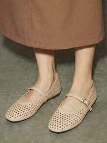 女士芭蕾舞鞋,透气镂空圆头玛丽珍鞋,米色 - 奶茶色 - 查看 2