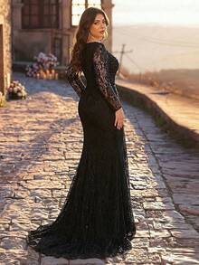 Aureia Plus Size Elegant Romantic Black Square Neck Sheer Long Sleeve Luxury Pearl & Rhinestone Waist Twist Ruffle Mermaid Hem Dress, Suitable For Wedding, Party, Formal Events, Gala (Heavily Embellished Design) - Black - View 5
