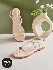 SHUZIA Sandal đế bằng dáng rộng, thoải mái, kiểu dáng thường ngày, có quai xỏ ngón dành cho nữ. - Màu be - Xem 5