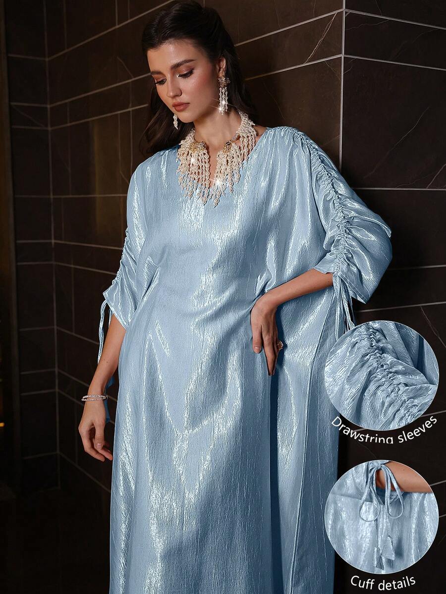Al Najma Fashionable Elegant V-Neck Batwing Sleeve Ruched Long Dress, Spring/Summer