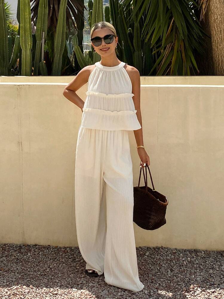 Women's Solid Color Ruffle Trim Halter Top And Pants Casual 2 Pieces Set Summer