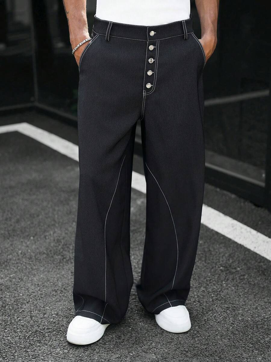 SLATEMANN Men's Solid Color Button Front Pocket Relaxed Pants - Black - View 1