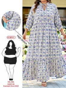 SHEIN CURVE+ Curve 尺码 US22 音乐节、海滨度假、波西米亚风女士蓝白海星印花夏季长裙，舒适百搭，适合度假波西米亚风格 - 白色 - 查看 10