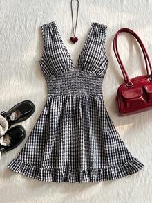 Glimmora Đầm midi nữ không tay kẻ caro đen trắng, kiểu dáng thường ngày. - Đen và trắng - Xem 1