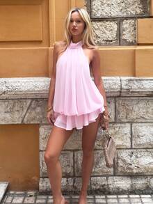 Women's Elegant Light Yellow Halter Tie Mini Dress Party - Baby Pink - View 3