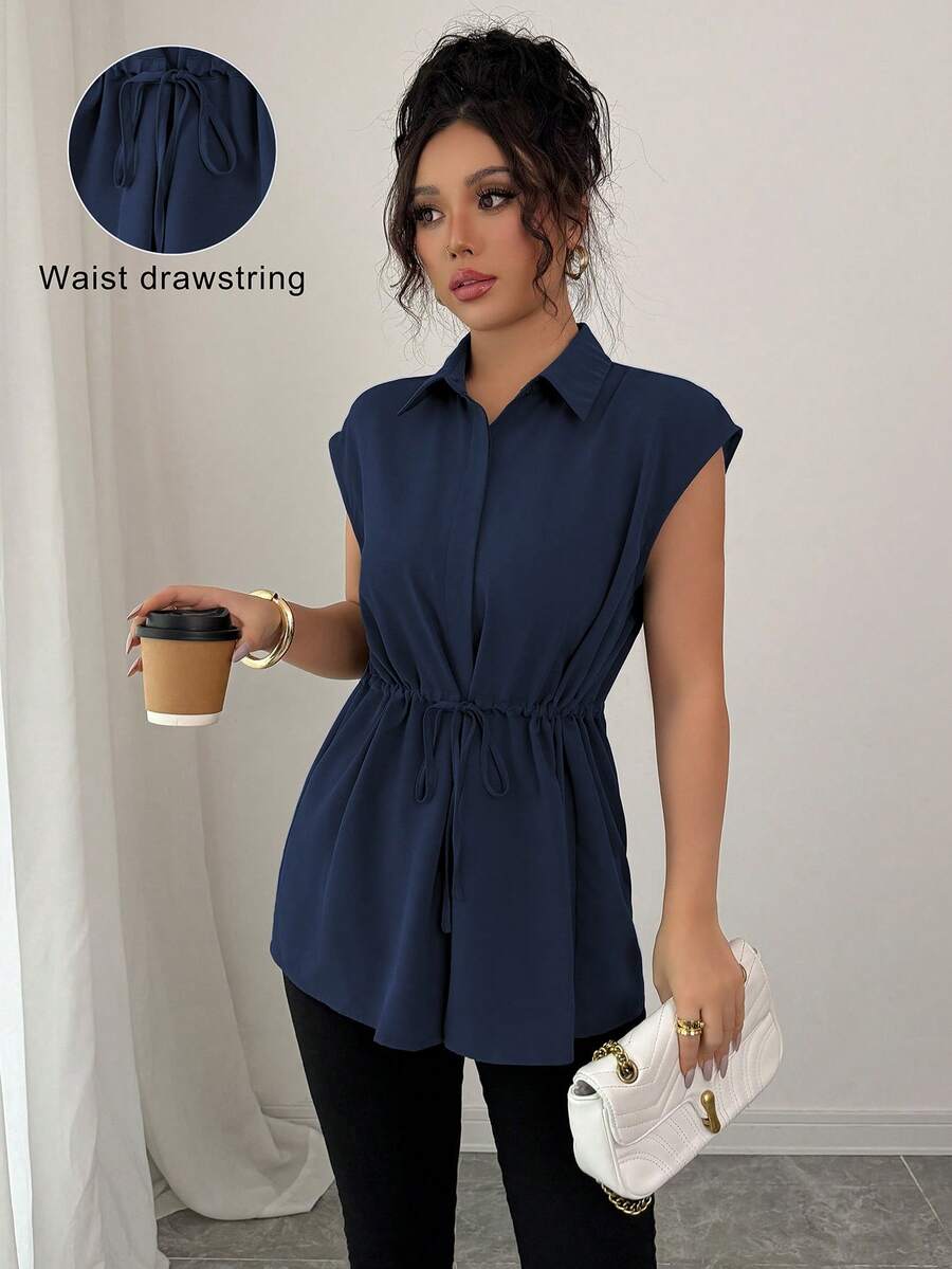 Elenzga Women's Solid Color Casual Vacation Style Shirt Collar Button Down Waist Drawstring A-Line Dropped Shoulder Blouse Top - Navy Blue - View 1