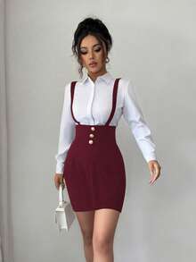 SHEIN Elenzya 吊带腰身修身半身裙，饰有纽扣，优雅浪漫精致的女士铅笔裙，简约百搭，适合工作、通勤和休闲外出。 - 酒紅色 - 查看 7