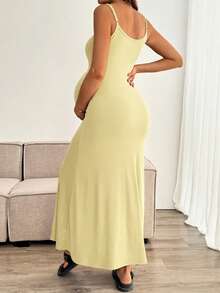 SHEIN Maternity Solid Color Mermaid Hem Fitted Camisole Dress - Yellow - View 2