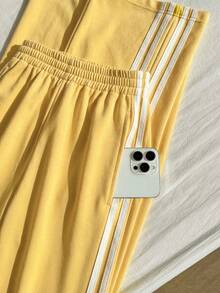 Comfortcana Pantalones de chándal de punto a rayas amarillas de talla grande cómodos con cordón, adecuados para uso casual - Amarillo - Ver 4
