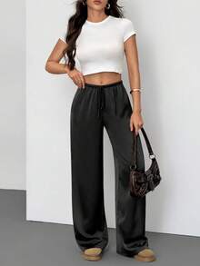 SHEIN Tall 女款低腰休閒復古緞面百搭棕色美拉德色長裙，適合高個女性 - 黑色 - 查看 6