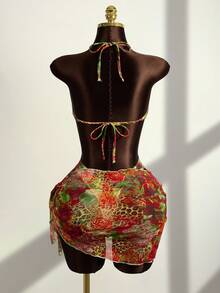 Zestiva 2pcs Women's Spring/Summer Beach Leopard Print Hollow Ring Swimsuit And Cover-Up Dress Set - Multicolor - View 2