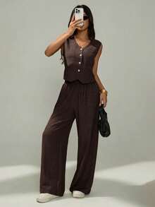 SHEIN PETITE Women's Summer Casual Solid Color Vest & Pants 2 Pieces Set - Coffee Brown - View 6