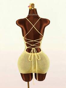 Amplova Đầm ôm sát gợi cảm kiểu Y2K cổ chữ V sâu, hở lưng, dây buộc chéo, phối hoa, có họa tiết tương phản. - Màu vàng - Xem 9